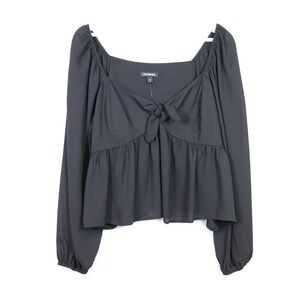 EXPRESS Black Long Sleeve Square‎ Neck Tie Front Peplum Blouse Top XL